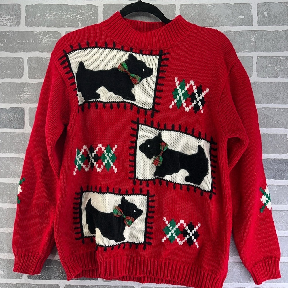 Karen Scott Vintage  Sweater Size M Pullover Crewneck Red Scottie Dog